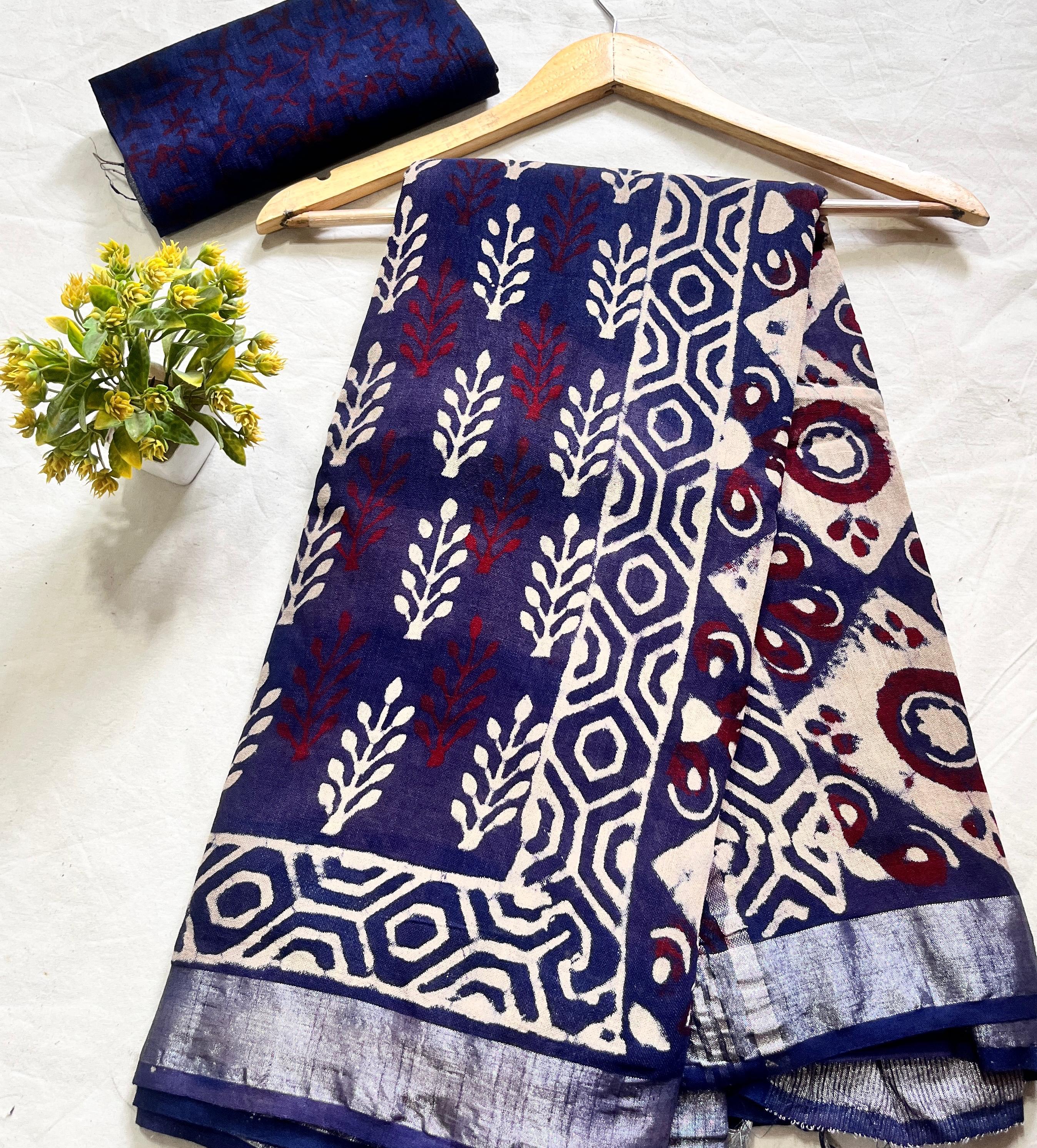 Blue Maroon Floral Buta Saree – Premium handblock cotton linen saree wholesale for boutiques and retailers